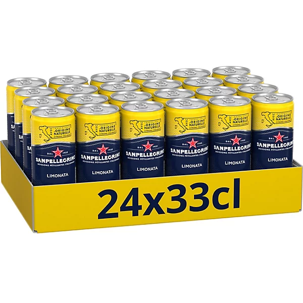 Présentoir de 24 canettes de limonade Sanpellegrino dans une boîte en carton jaune.