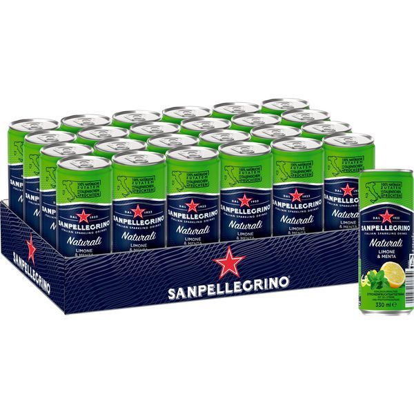 Caisse de canettes de Sanpellegrino Limonata, étiquettes vertes et bleues, logo étoile rouge.