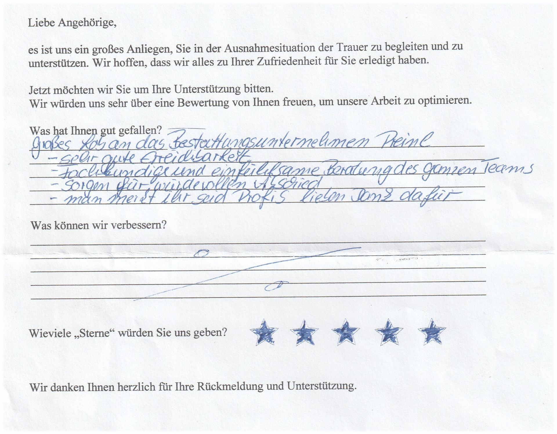 Ein handschriftliches Kundenfeedbackformular mit positiven Kommentaren und einer 5-Sterne-Bewertung.
