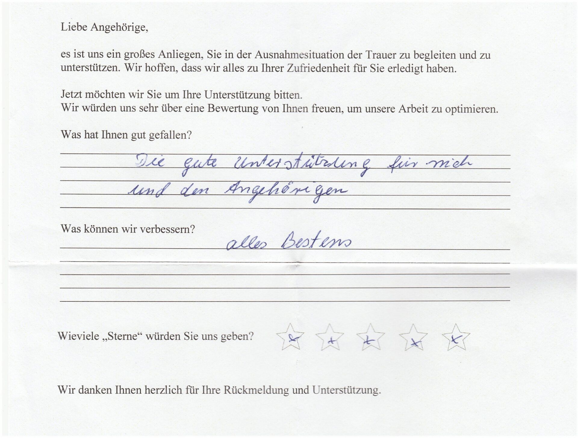 Handschriftliche Rückmeldung auf einem Formular. Der Text lautet „Sehen Sie sich das gute Verständnis für mich und Len Angelergen an“ und „alles betens“.