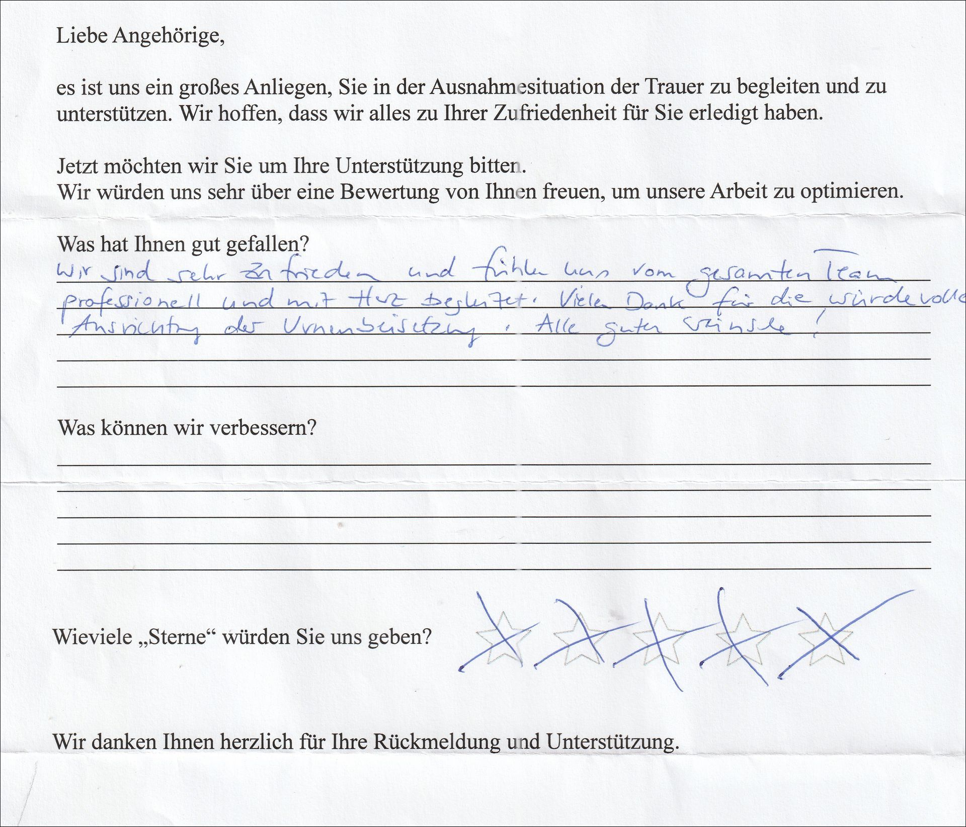 Handschriftliches Feedbackformular: Service loben, Sterne vergeben (durchgestrichen), für Feedback danken.