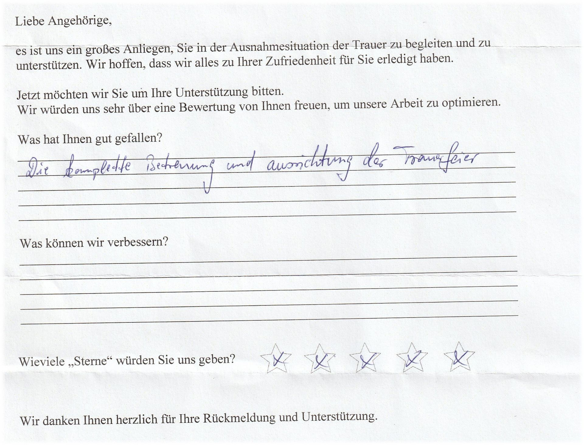 Ein handschriftliches Kundenfeedback-Formular. Der obere Abschnitt enthält Anweisungen. In einem ausgefüllten Abschnitt wird „vollständige Zufriedenheit“ als positives Merkmal aufgeführt.
