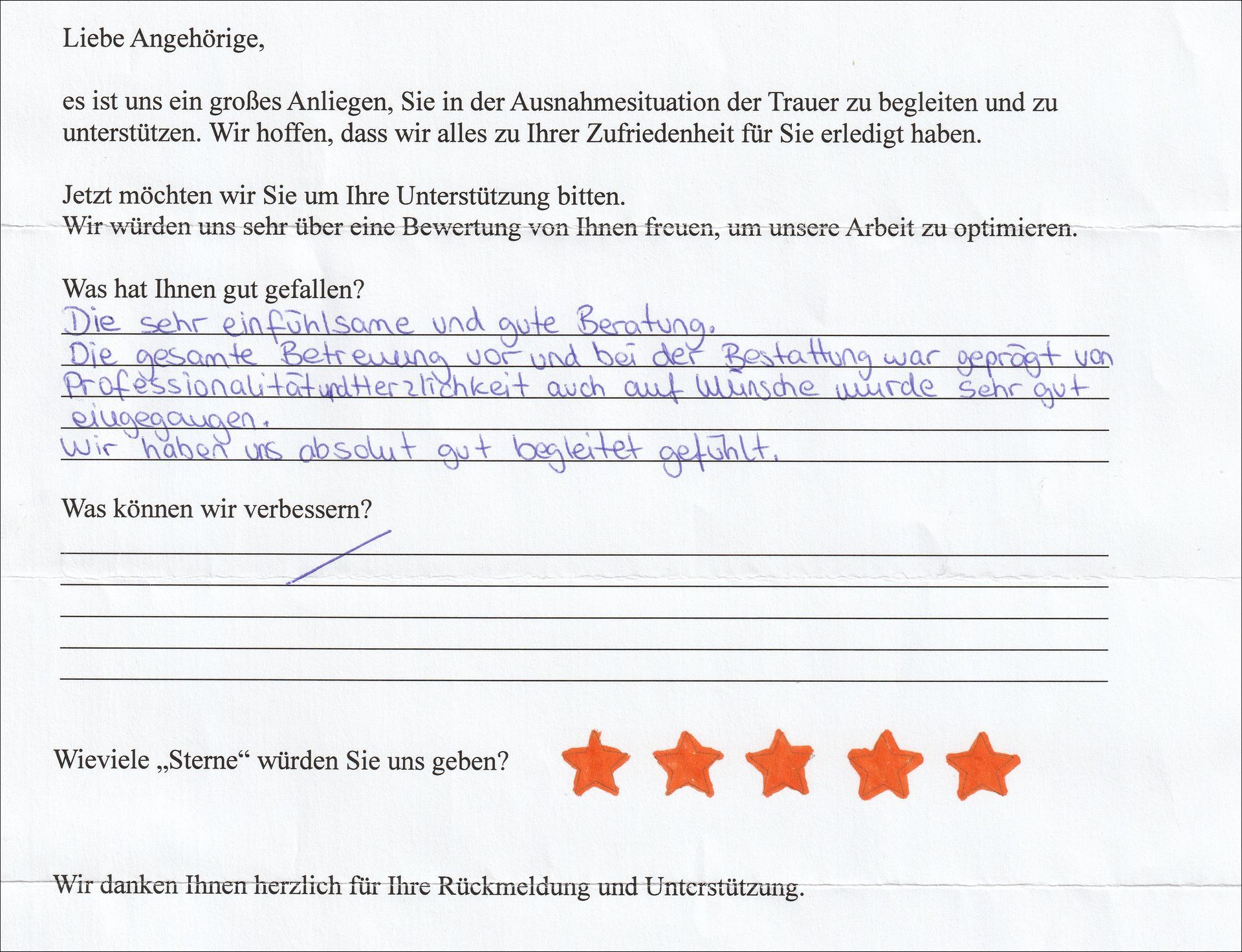 Handschriftlicher Kundenfeedbackbogen mit Bewertung und Kommentaren, überwiegend in deutscher Sprache.