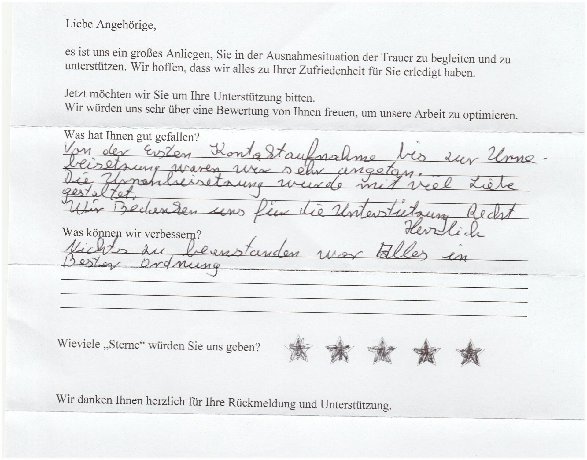 Handschriftliches Feedbackformular mit deutschem Text und 5-Sterne-Bewertung.