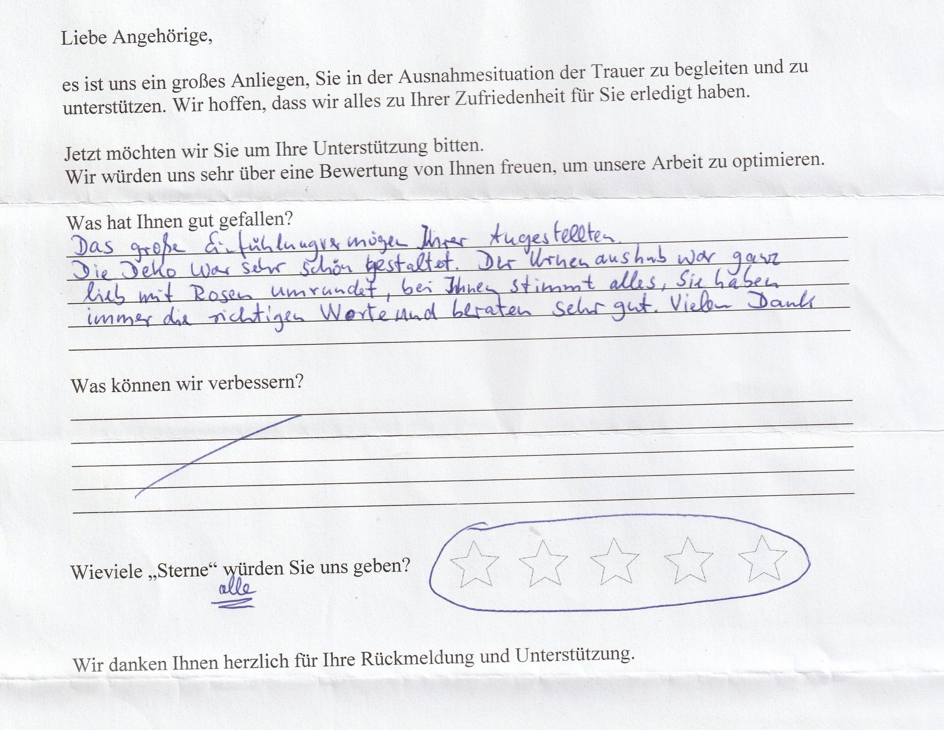Handschriftliche Bewertung mit Sternebewertung, wahrscheinlich von einem Kunden.