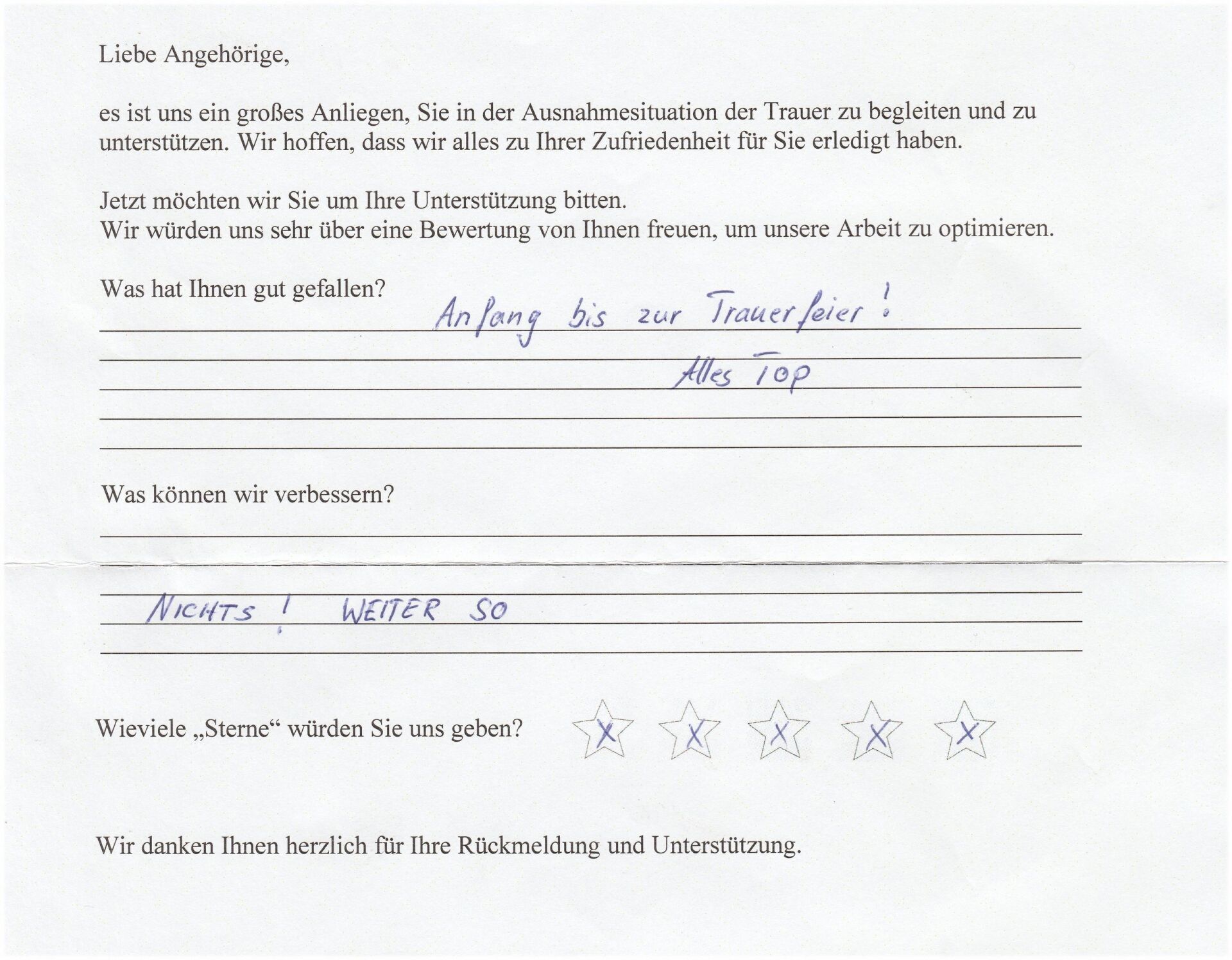 Feedback form with handwritten answers: