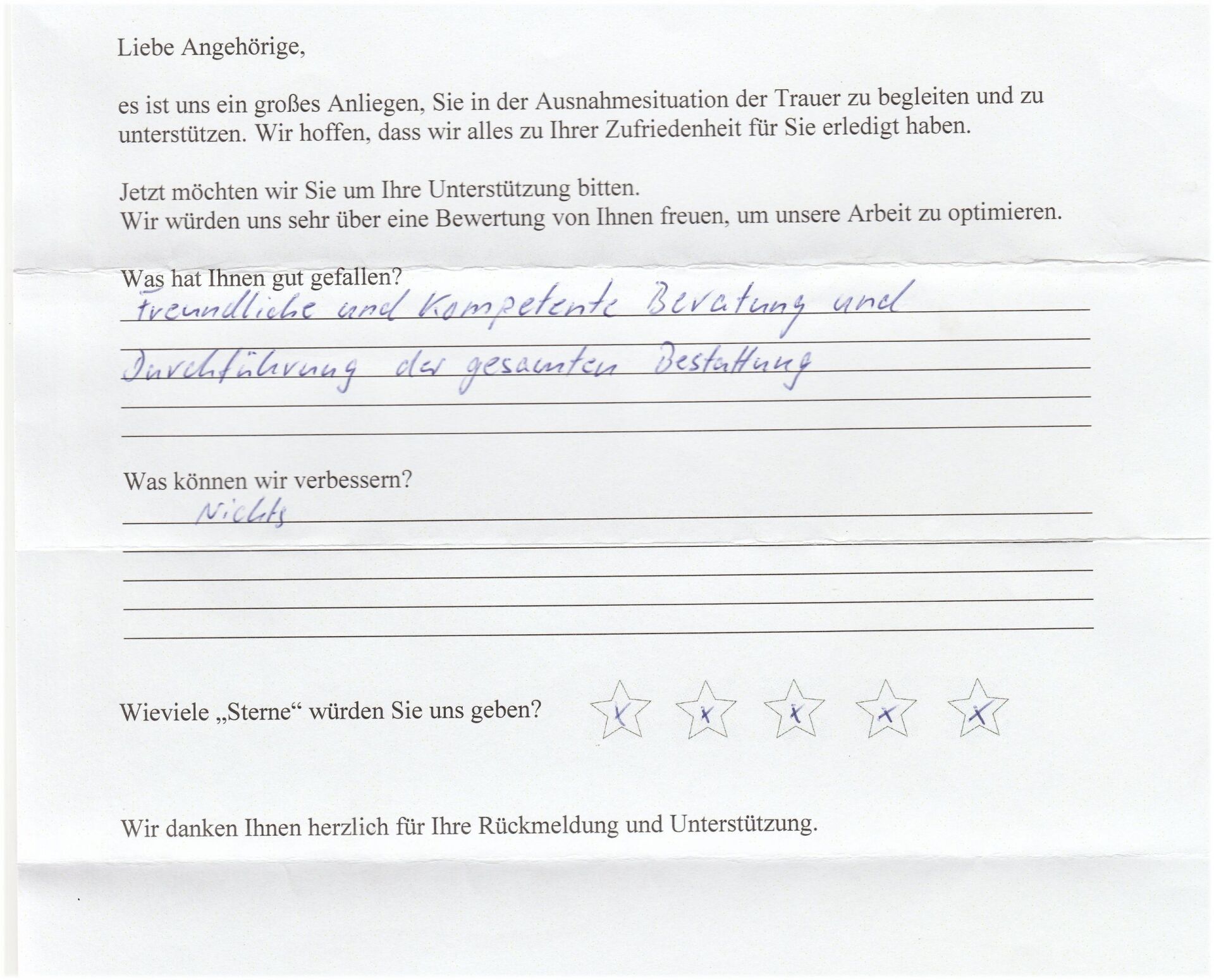 A handwritten feedback form with answers about services, including words such as