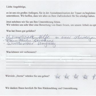 Feedback form about a service. Handwritten answers include