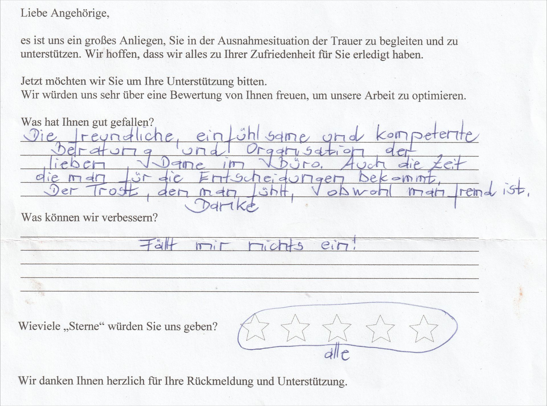 Handschriftliches Feedback-Formular: positive Bewertung des Services, inklusive Vier-Sterne-Bewertung und Dankesschreiben.