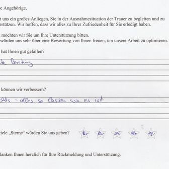 Feedback form with handwritten responses: