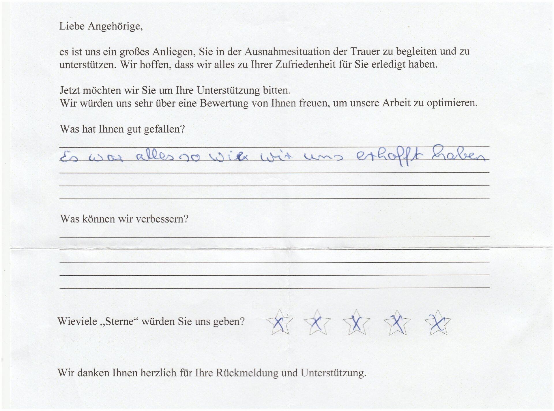 Handwritten customer feedback on a form, with a five-star rating and the comment: