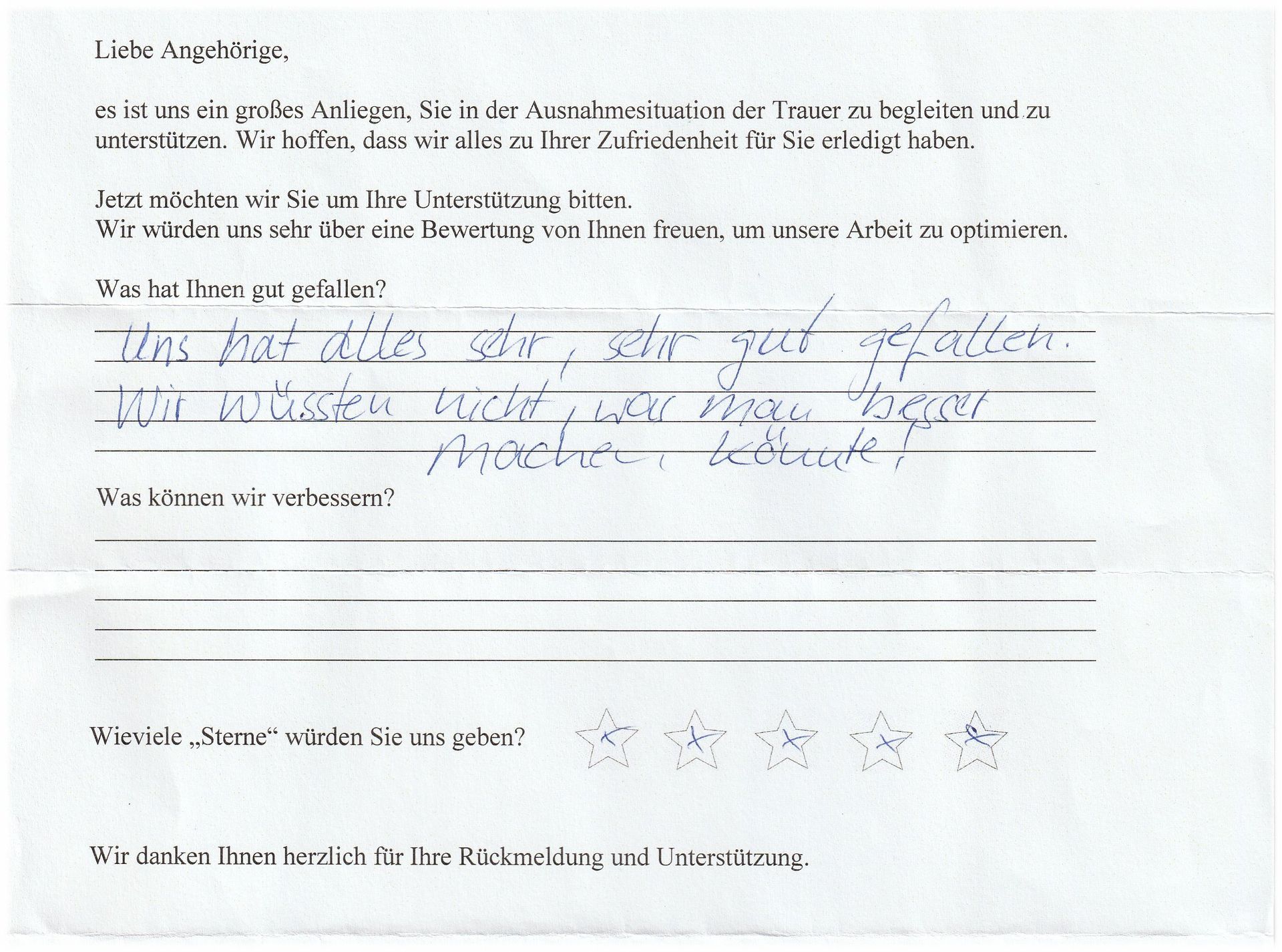 Feedback form with handwritten answers: