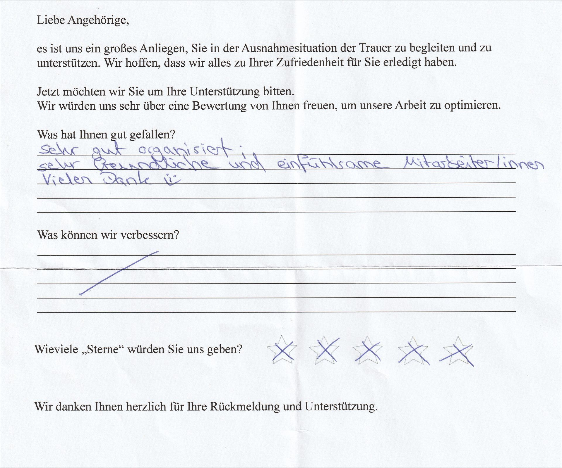 Ein handschriftlicher Kundenfeedbackbogen in deutscher Sprache, ausgefüllt mit positiven Kommentaren und einer Fünf-Sterne-Bewertung.