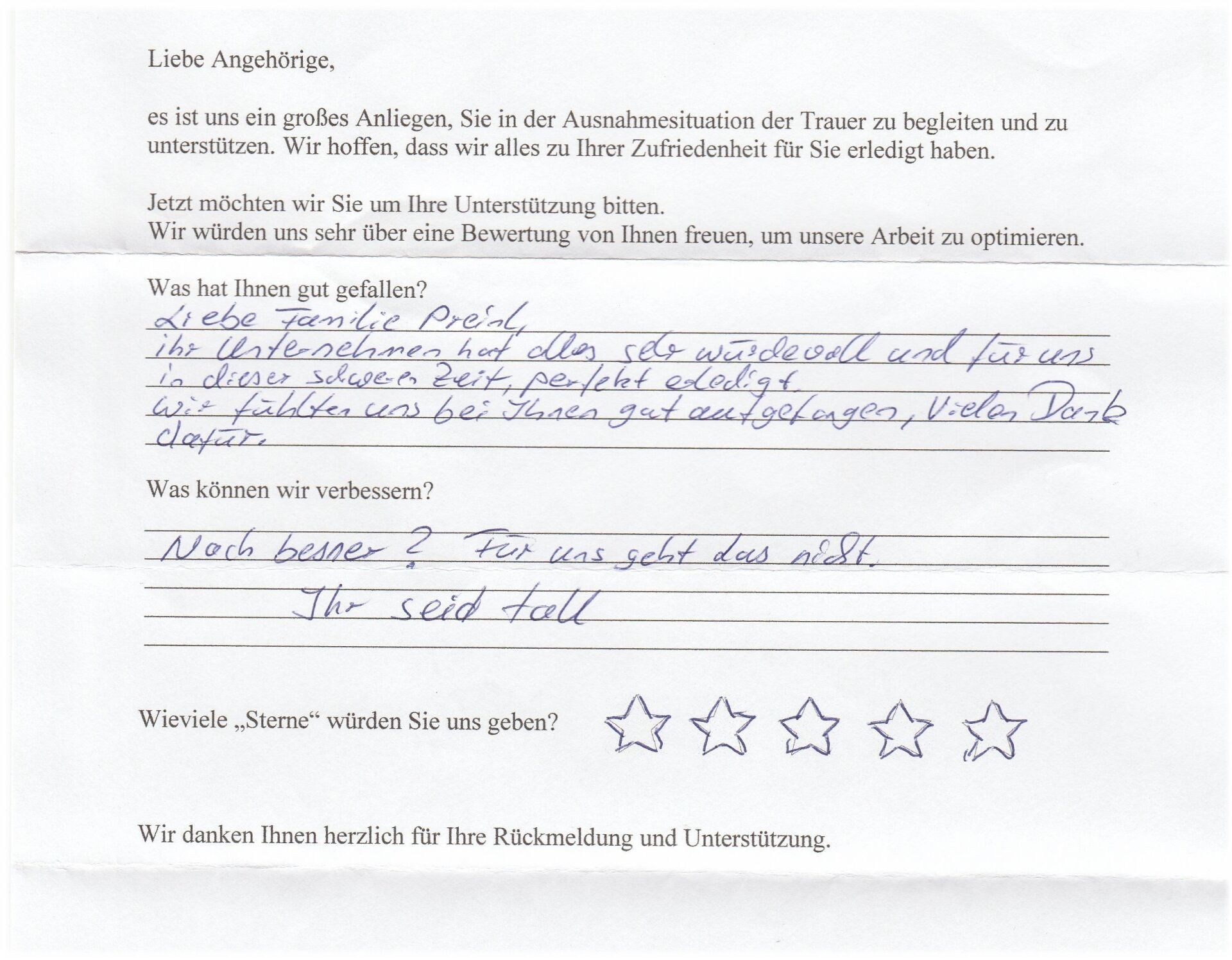 Handwritten feedback on a survey: