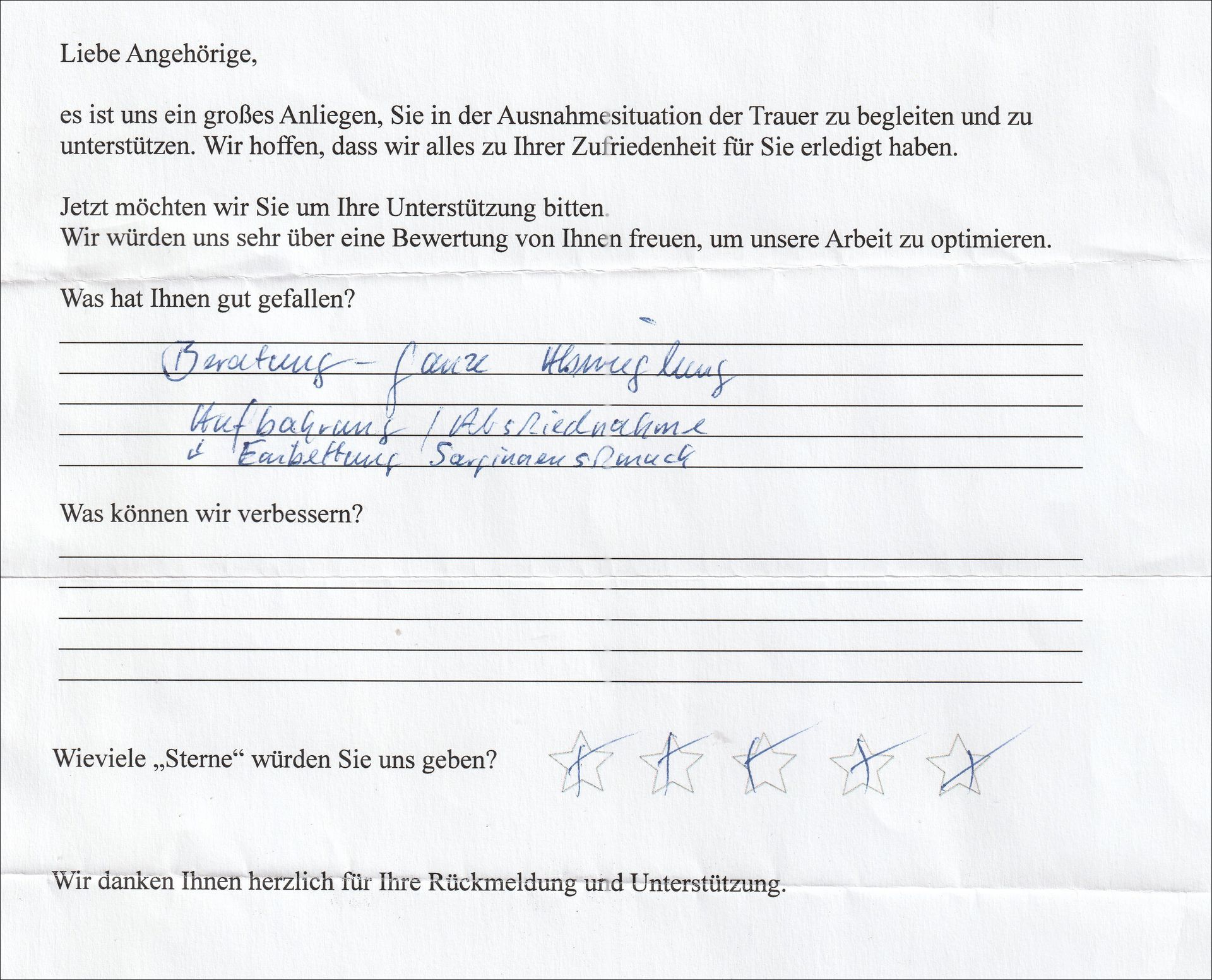 A feedback form with handwritten responses.