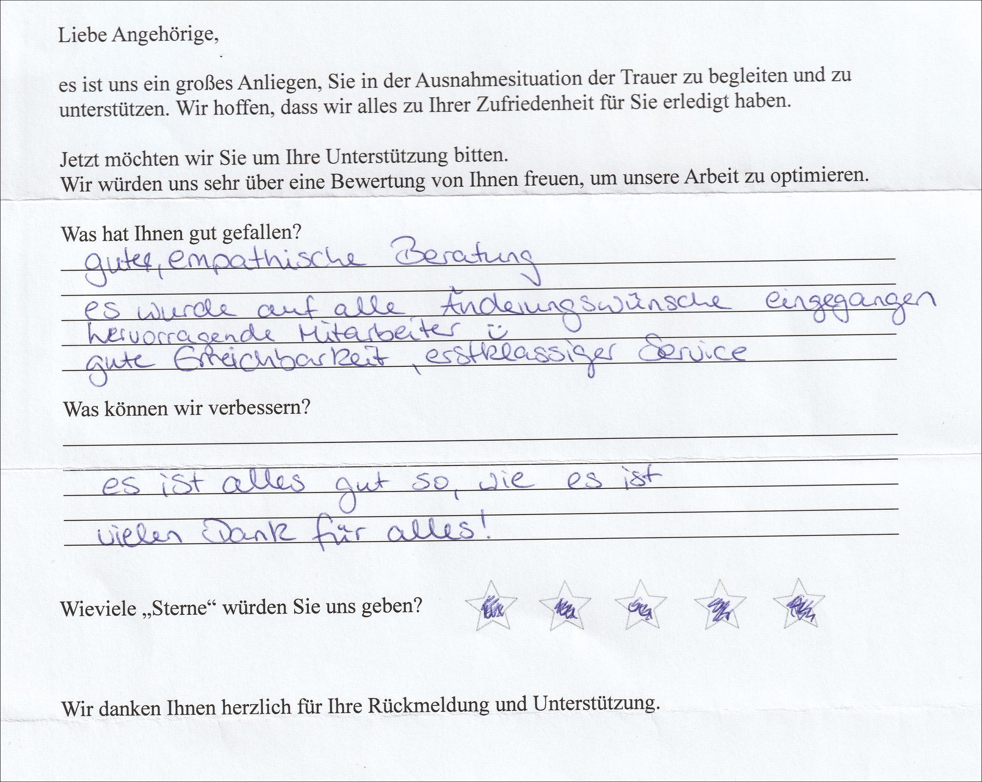Ein handschriftliches Kundenfeedbackformular in deutscher Sprache mit positiven Rückmeldungen und fünf Sternen.