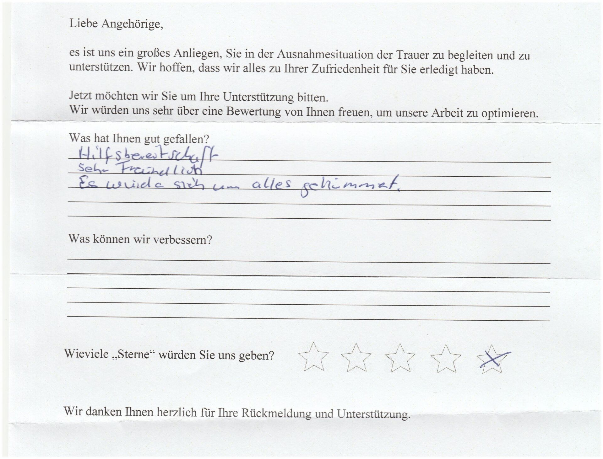 Handwritten customer feedback on white paper. Mentions