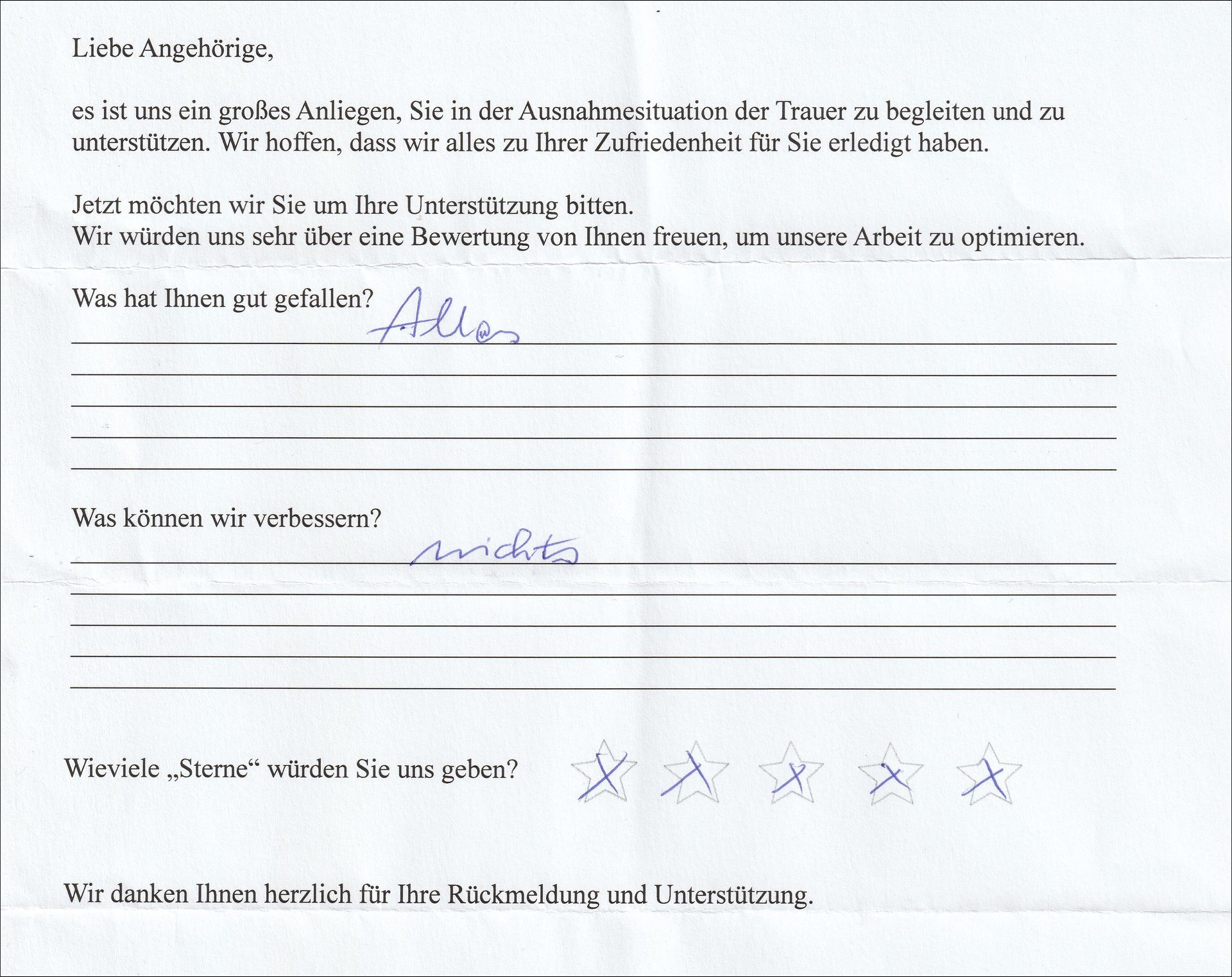 Feedback-Formular. Enthält Fragen: „Was hat Ihnen gefallen?“, „Was können wir verbessern?“, Sternebewertung und ein Dankeschön.