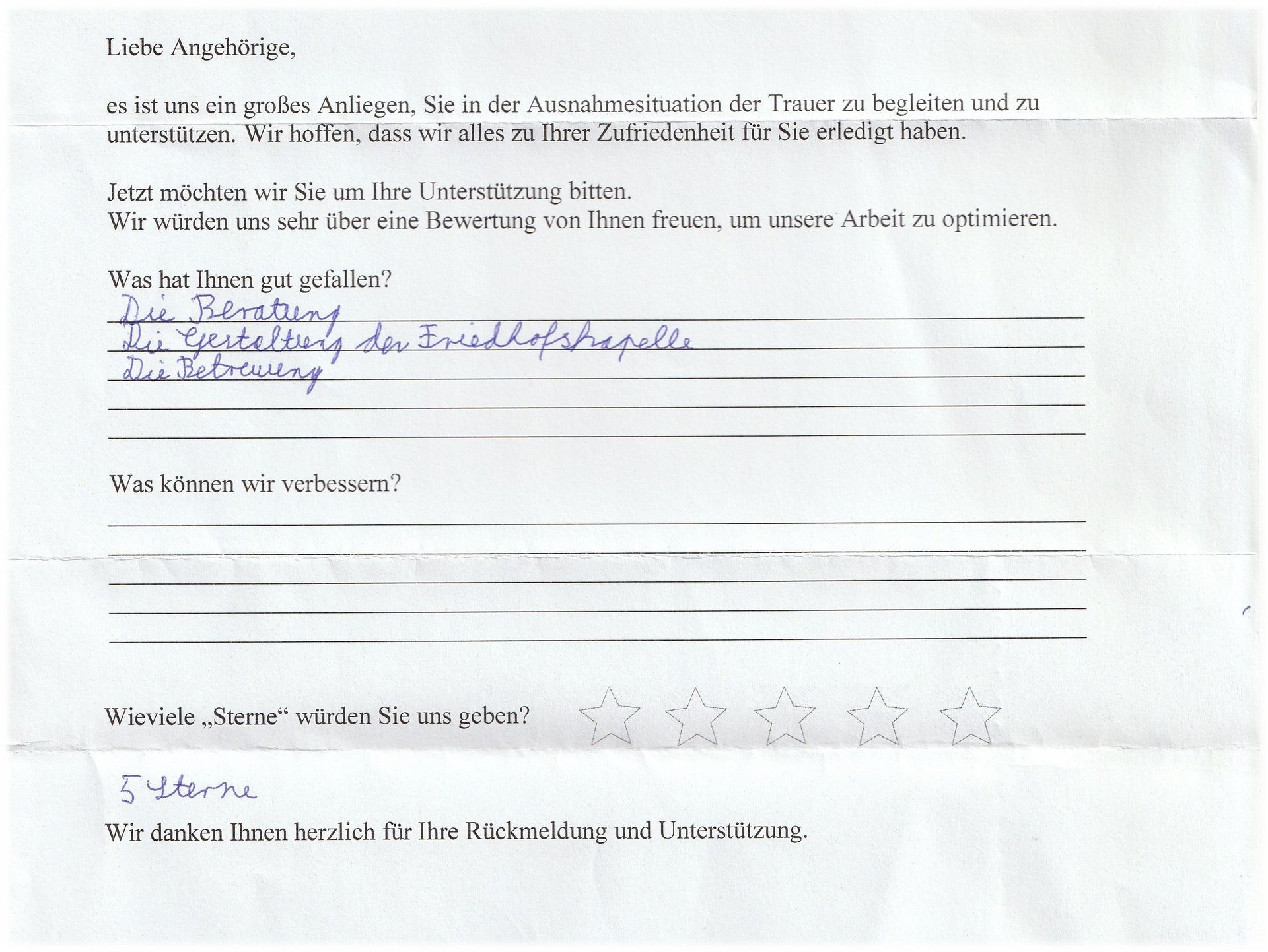 Feedback form with handwritten answers. Mentions
