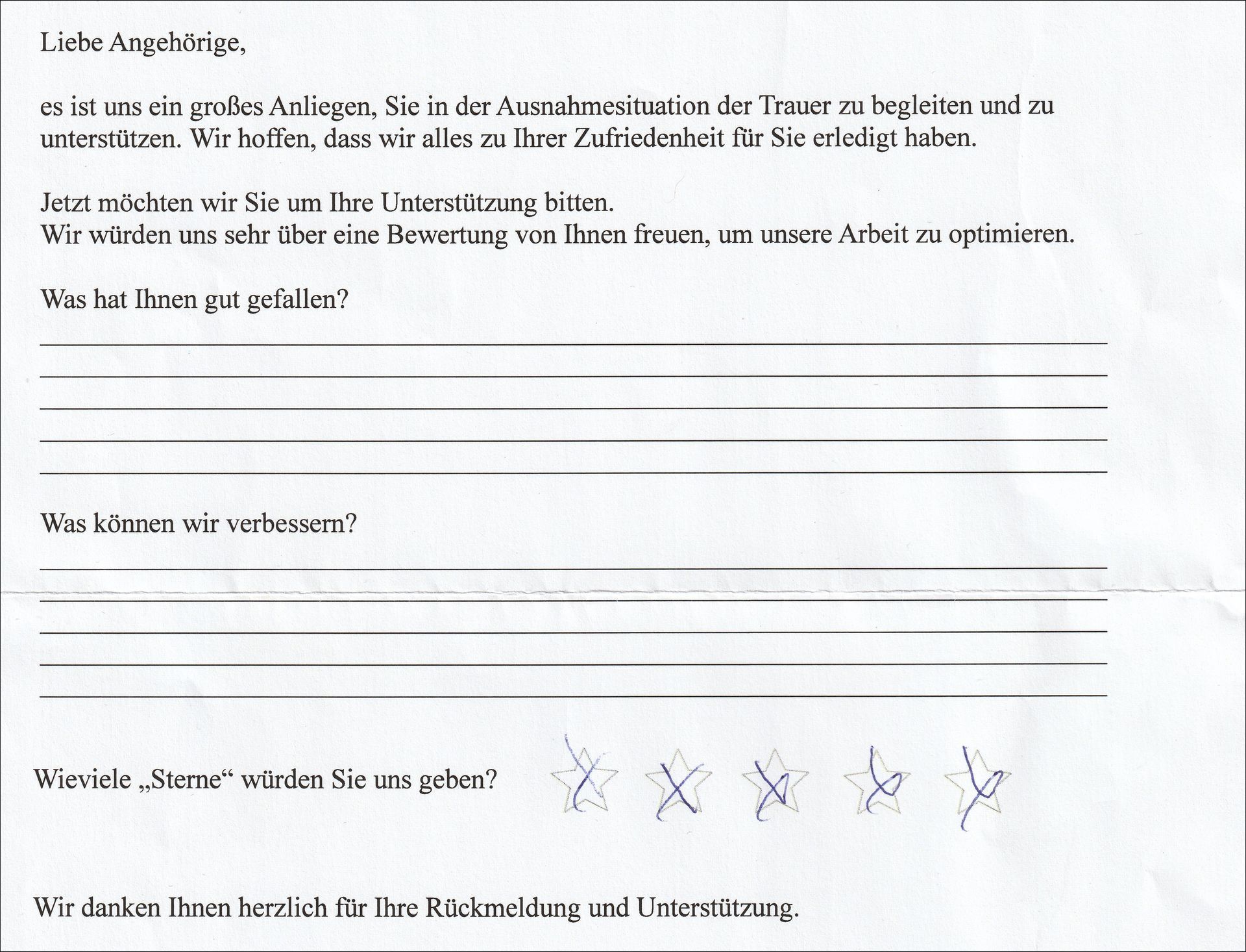 Ein Feedback-Formular mit Fragen zu einem Service und einem Sternebewertungssystem unten.