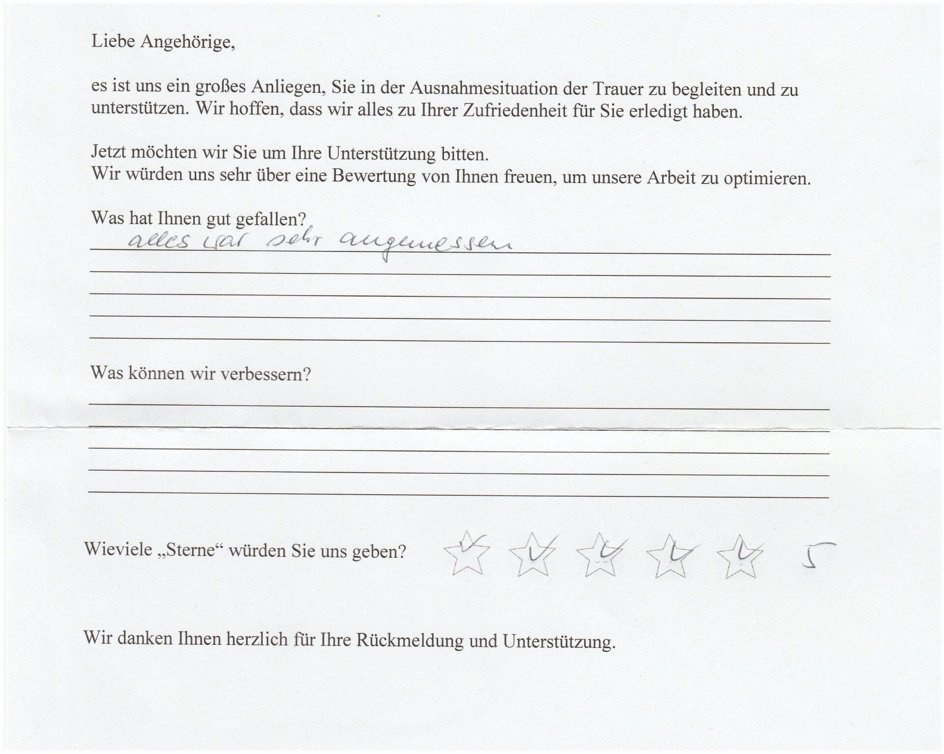 Handschriftliches Feedback-Formular mit der Bitte um Meinungen und eine Sternebewertung.