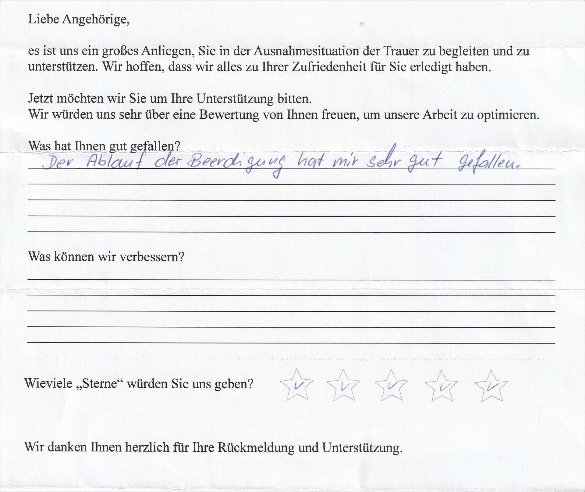 Handschriftliches Kundenfeedback zu einer Dienstleistung, das den „Absal der Beratung“ mit einer 5-Sterne-Bewertung lobt.