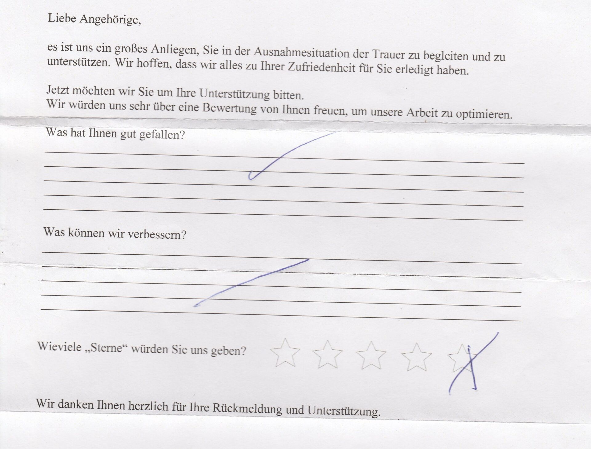 Feedback-Formular in deutscher Sprache mit der Bitte um Kundenbewertungen. Enthält eine Sternebewertung und handschriftliche Antworten.