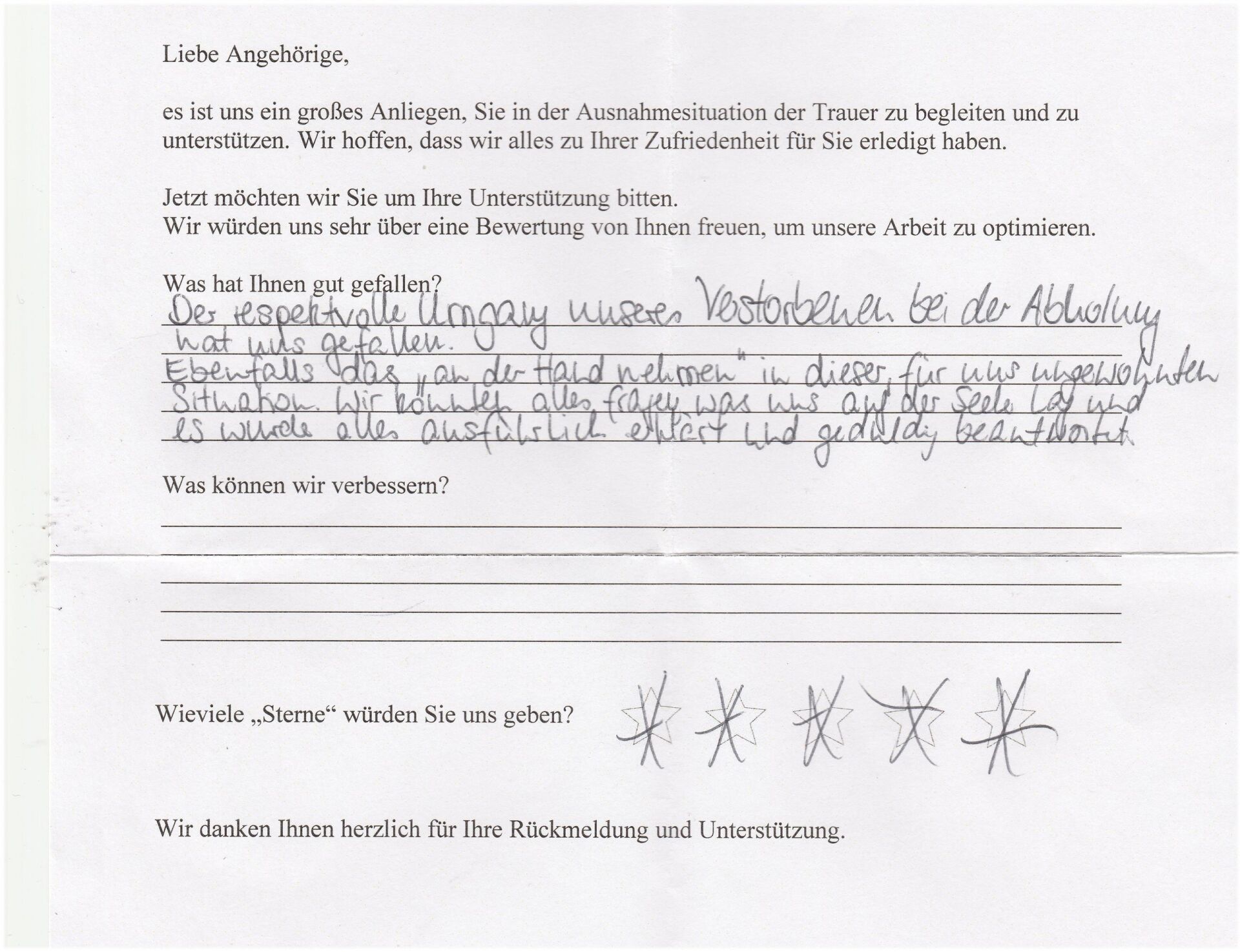 Kundenfeedbackformular mit handschriftlichem Text.