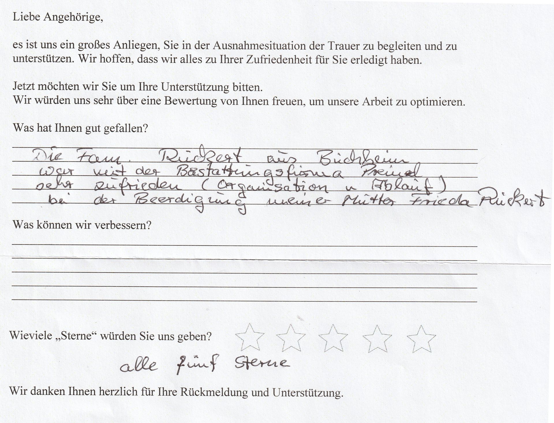 A handwritten customer feedback form. Text includes