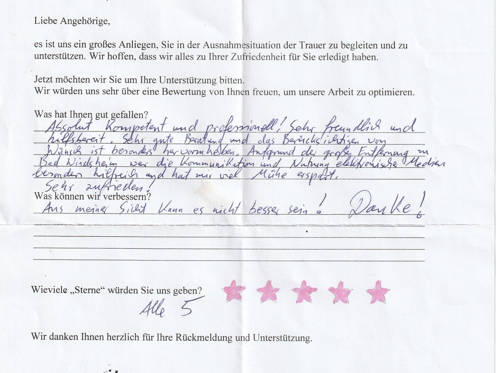 Handschriftliche Notiz, Bewertung mit fünf Sternen und dem Wort „Danke!“.