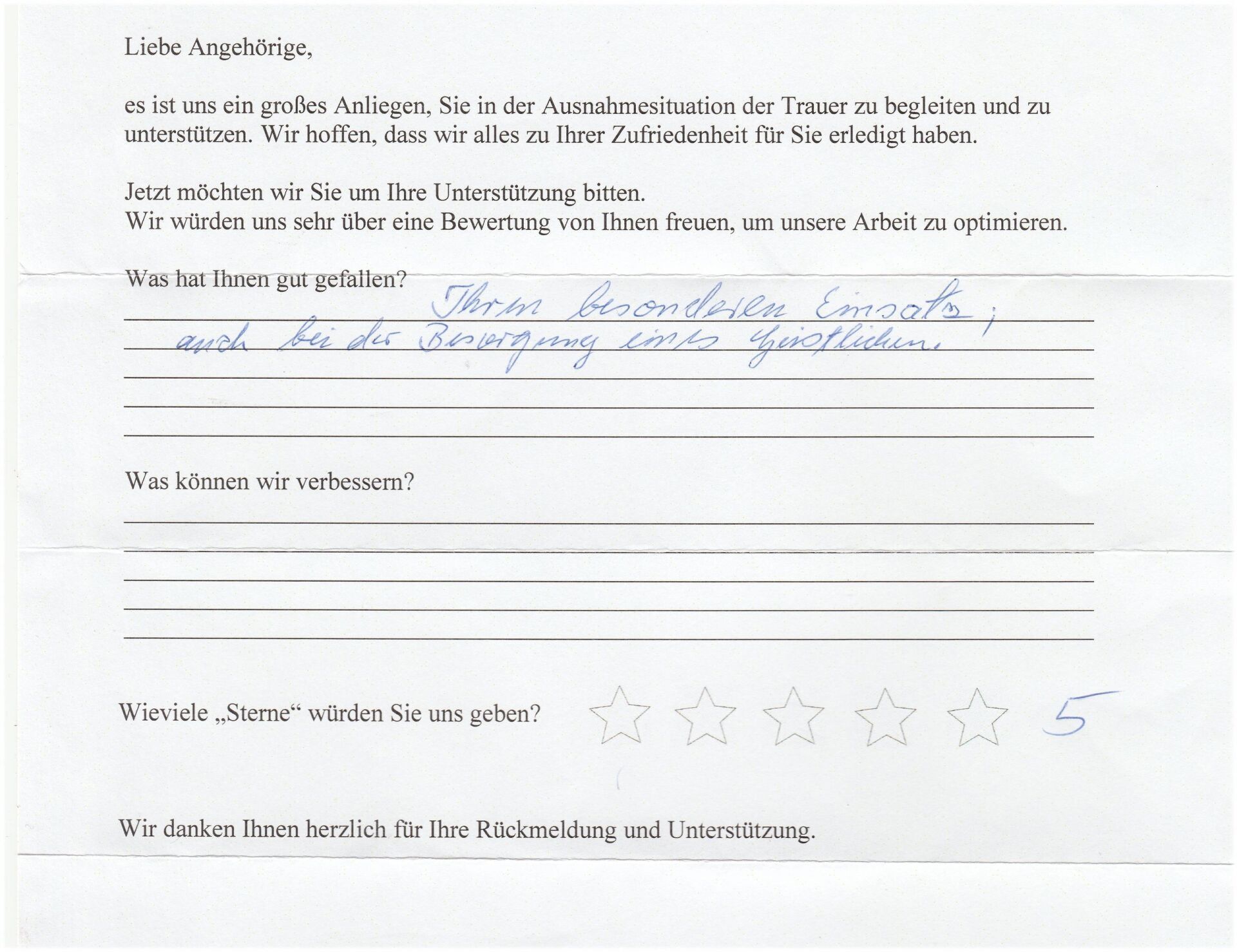 Feedback form with handwritten text: