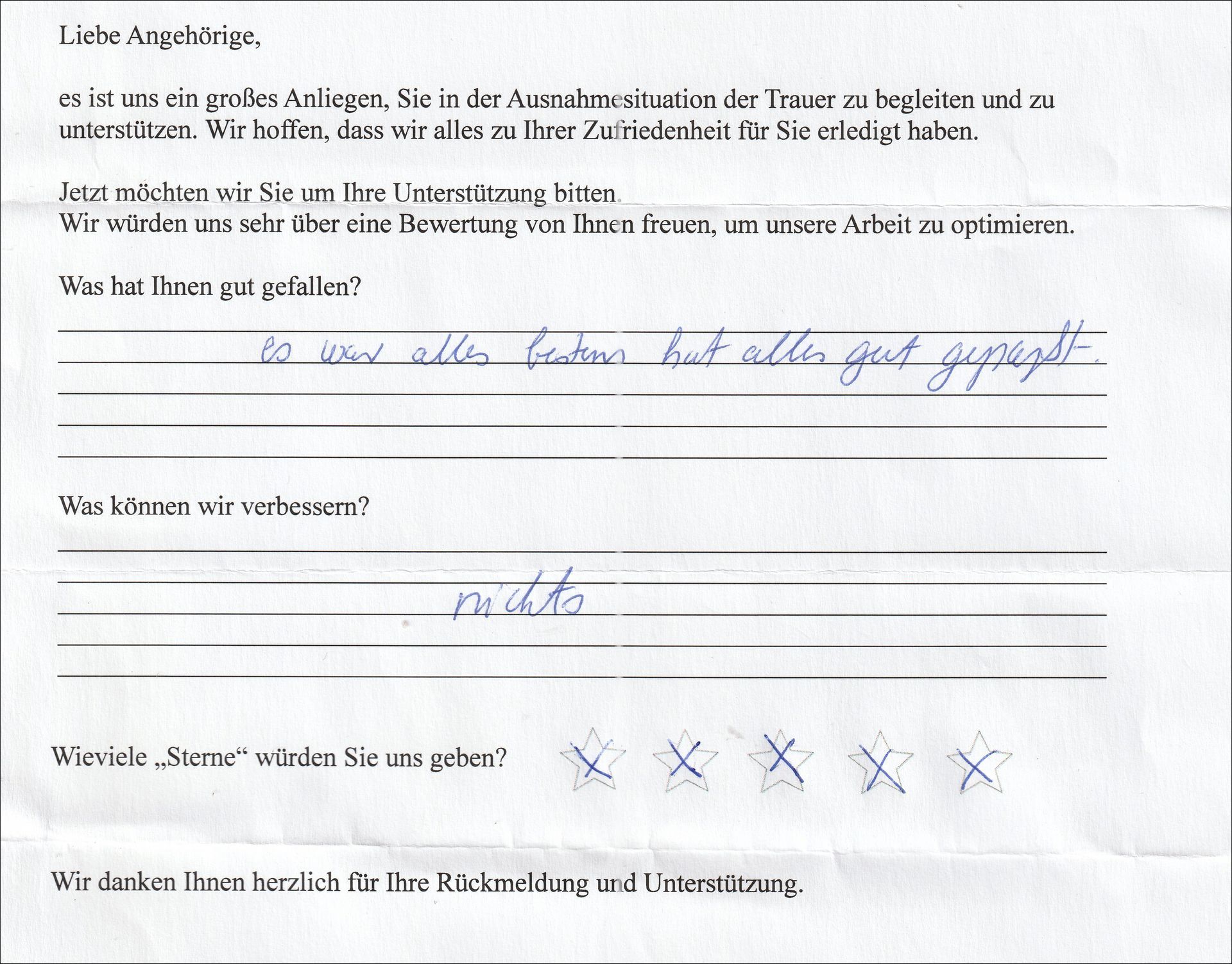A handwritten survey with responses: