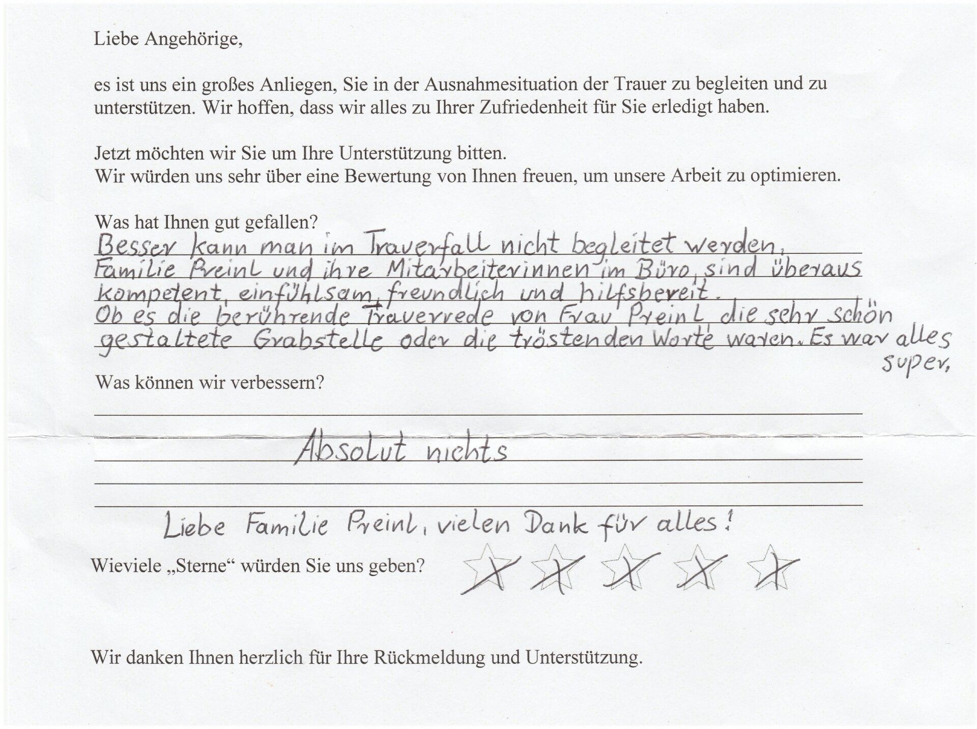Handgeschriebener Brief: Danksagung für die Trauerfeier, unterzeichnet mit „Familie Preint“. Enthält „Super“ und durchgestrichene Wünsche.