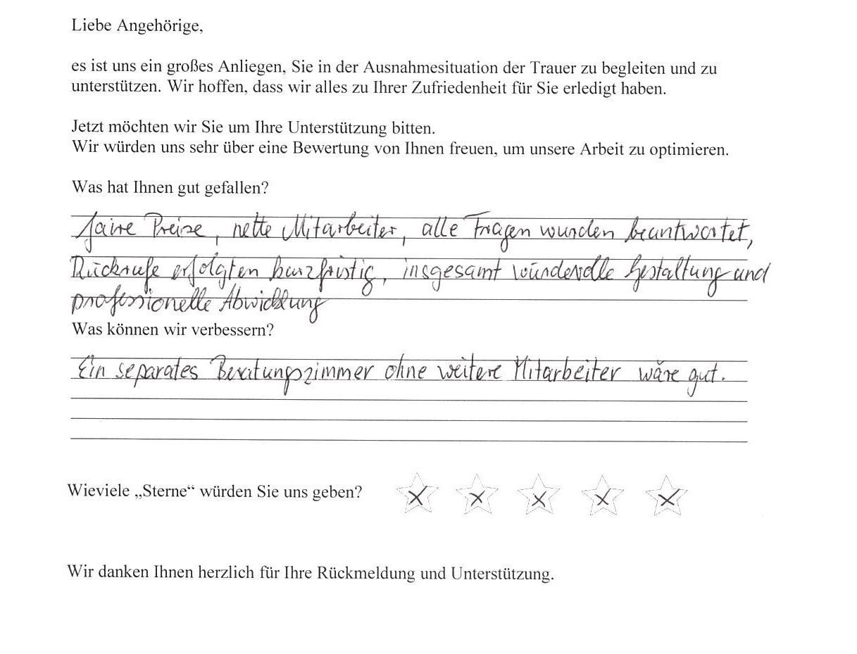 Handschriftlicher Text auf einem Formular mit dem Vermerk „Serve Seive“ und anderen undeutlichen Wörtern. Enthält Bewertungssterne.