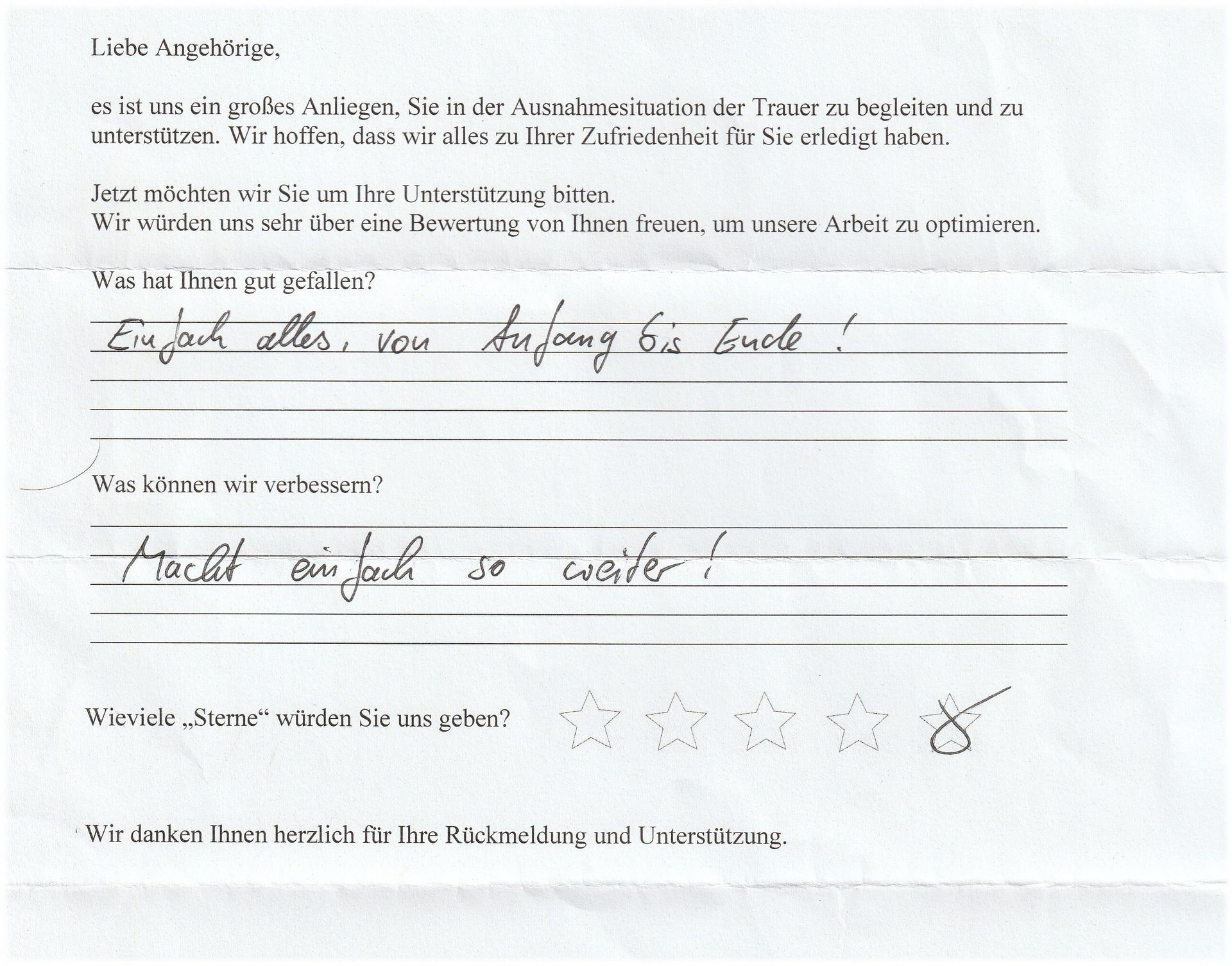 Handwritten customer feedback form, answers: