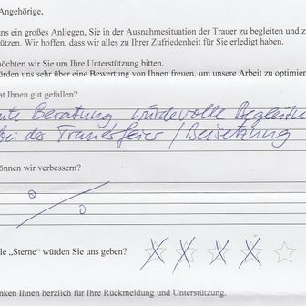 Handschriftliche Rückmeldung auf einem Formular zu Bestattungsleistungen, mit vier durchgestrichenen Sternen.