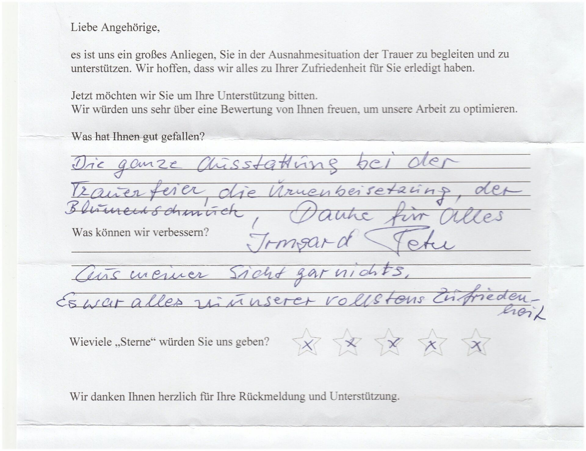 Handschriftliche Notiz mit positivem Feedback zur Veranstaltung, in der Dekoration und Atmosphäre erwähnt werden. Der Kunde äußert seine Zufriedenheit.