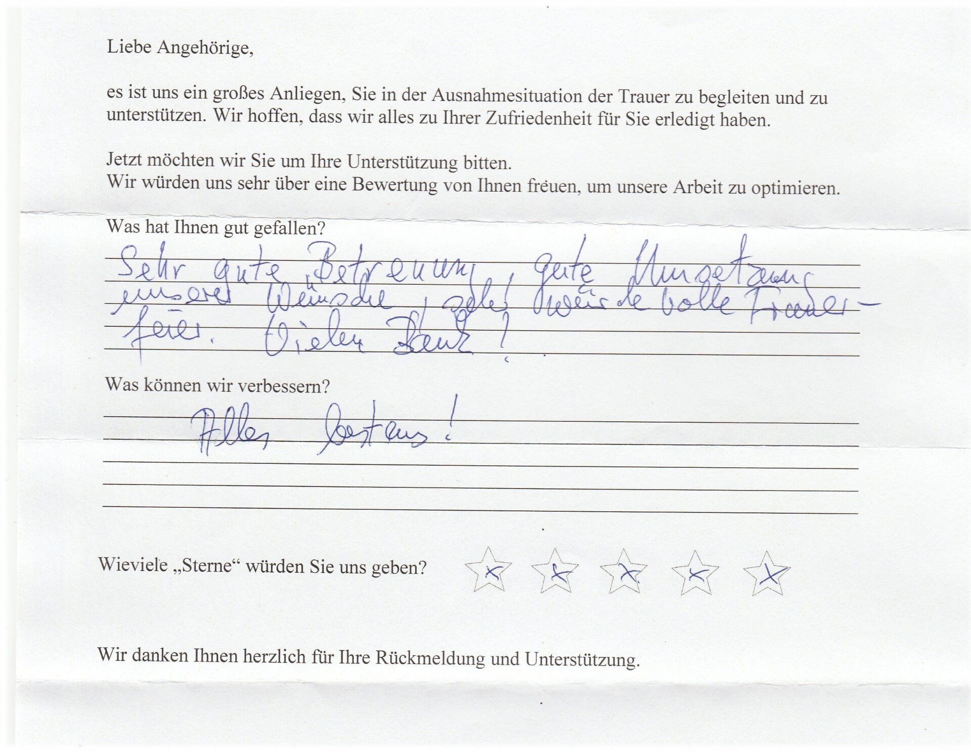 Handwritten feedback on a survey, a person expresses satisfaction with