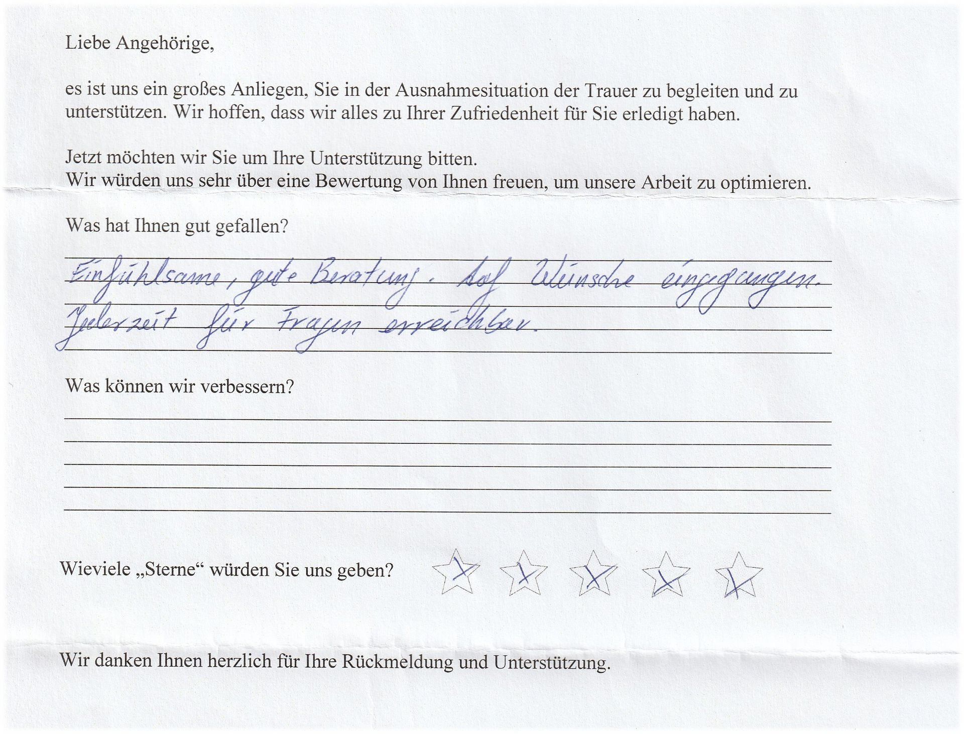 Handwritten customer feedback form. Shows a review with the words