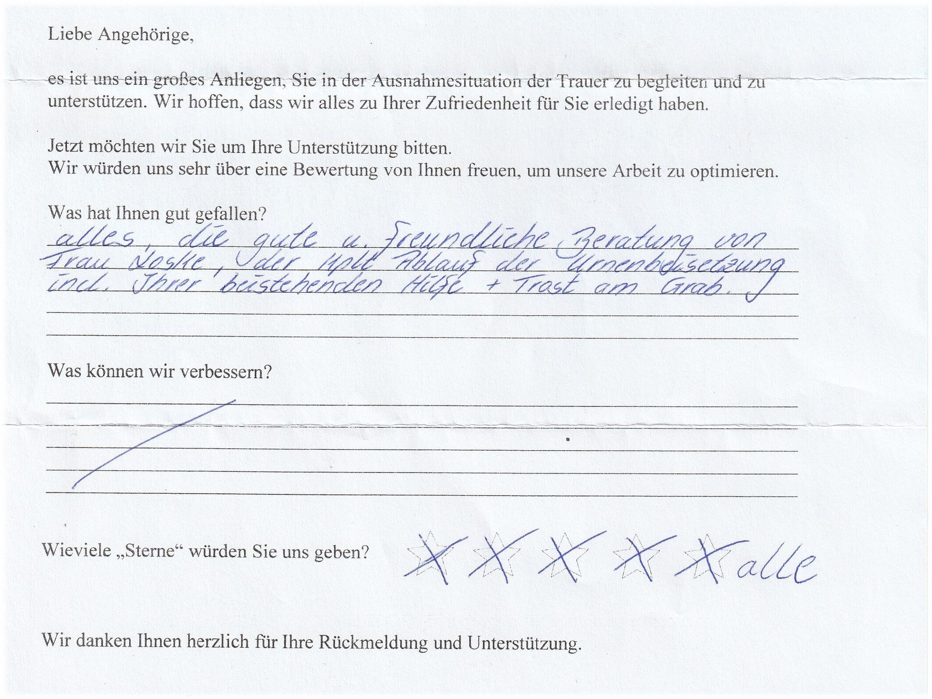 Ein handschriftliches Kundenfeedbackformular mit deutschem Text und durchgestrichenen Kästchen, das positives Feedback bietet.