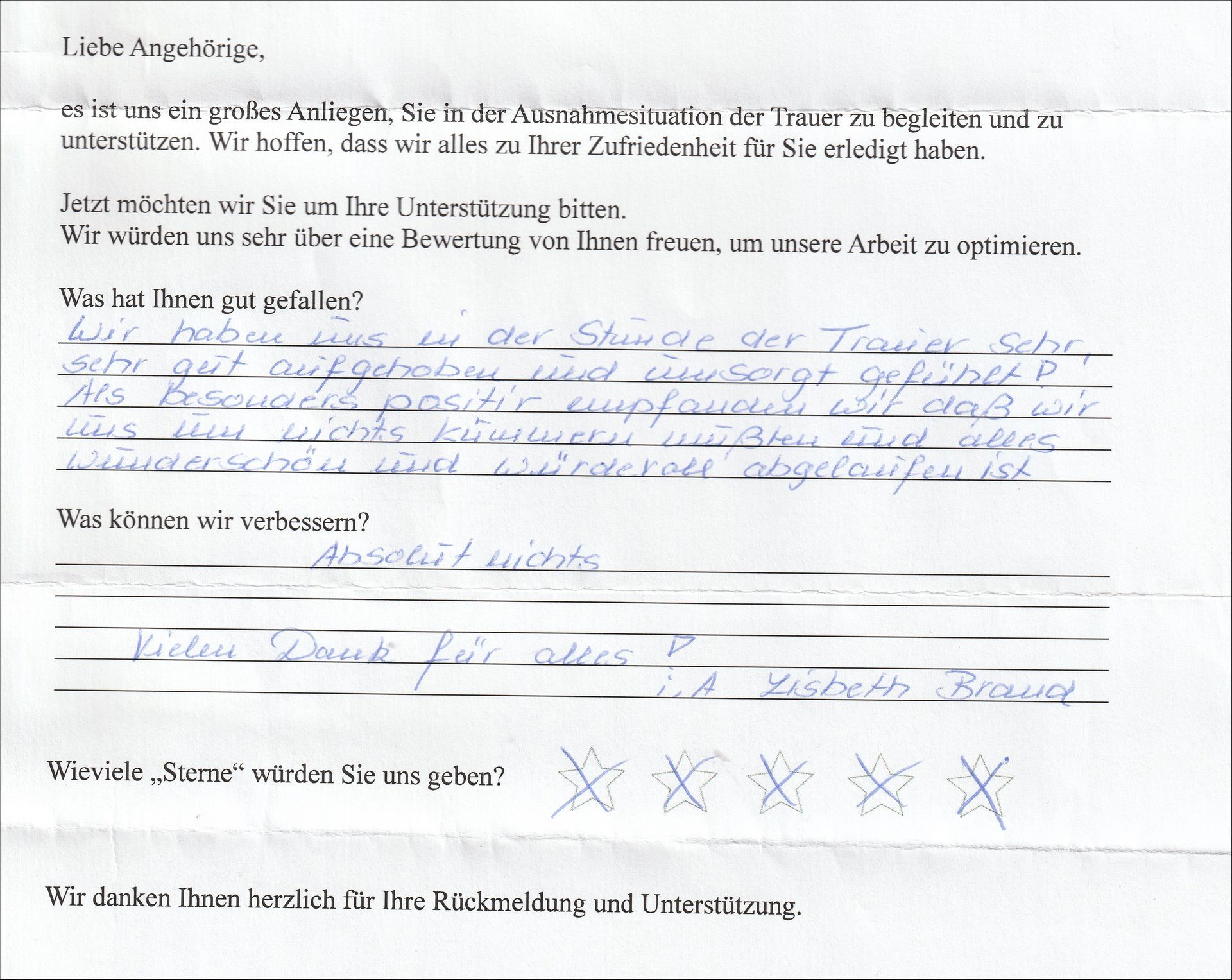 Handschriftliches Kundenfeedback auf einem Formular; Text in deutscher Sprache.
