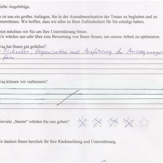 Feedback form with handwritten text, including