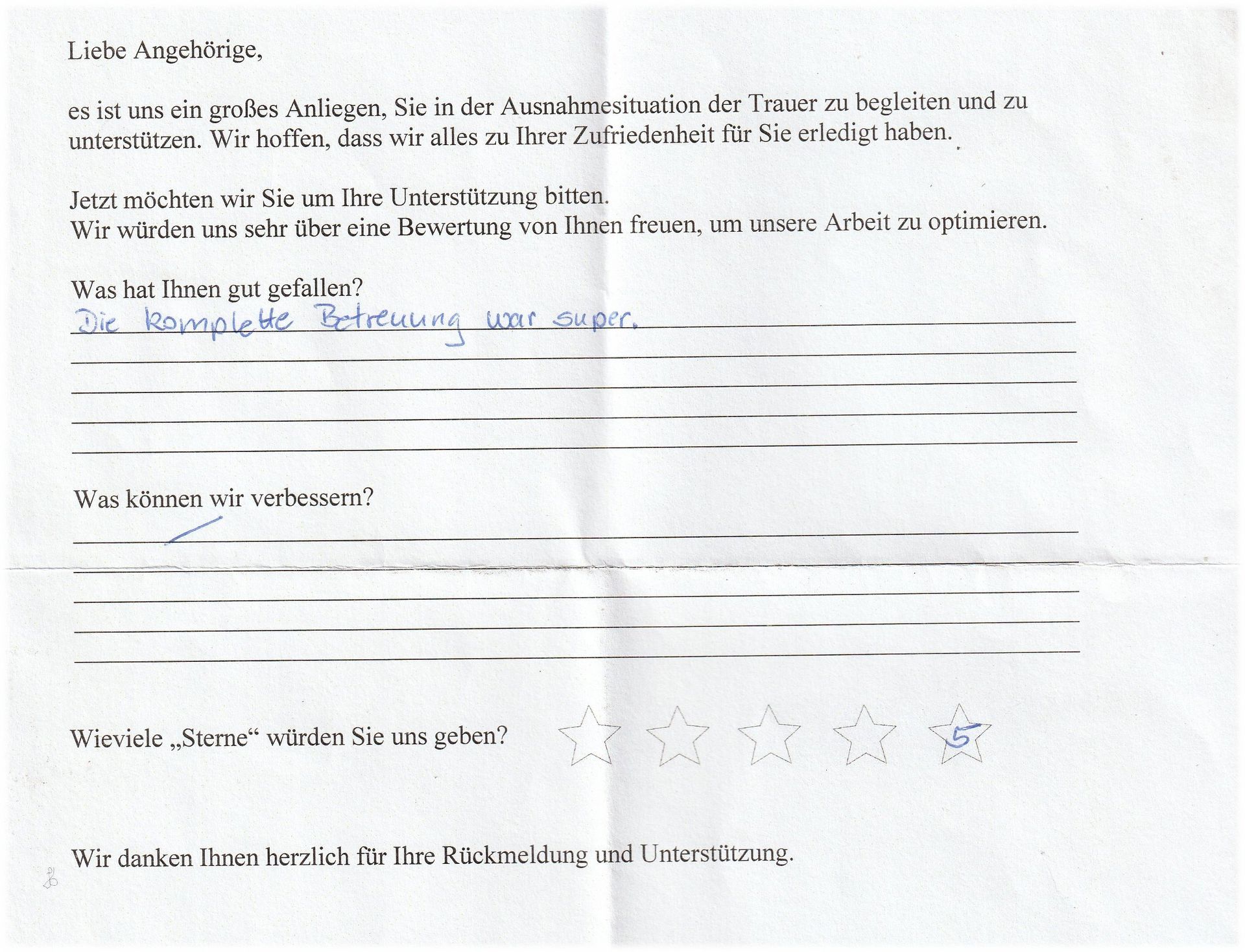 Handwritten customer satisfaction form; text includes