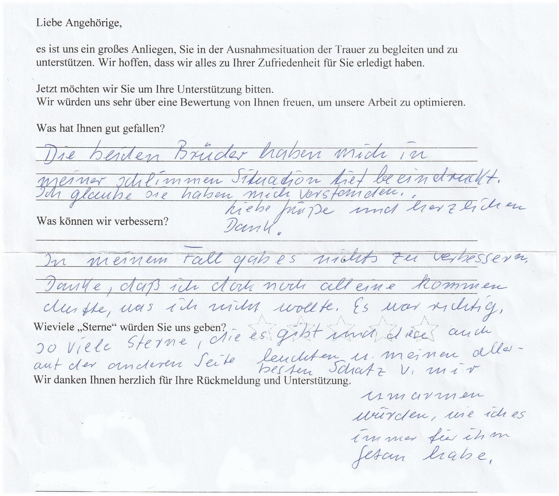 Handgeschriebener deutscher Beileidsbrief.