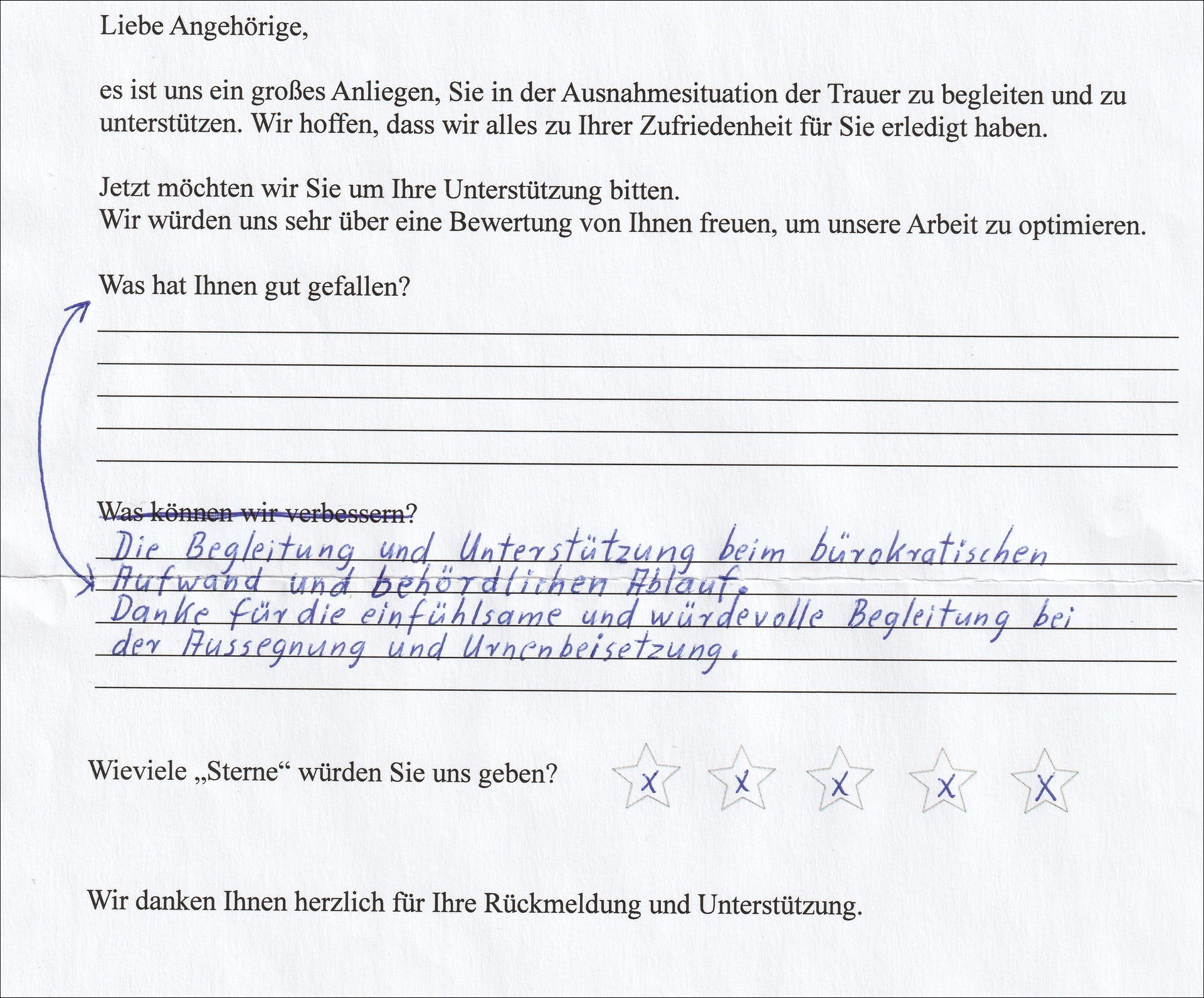 Ein handschriftliches Feedback-Formular mit Fragen zu einer Dienstleistung, inklusive Bewertungen und Platz für Kommentare.