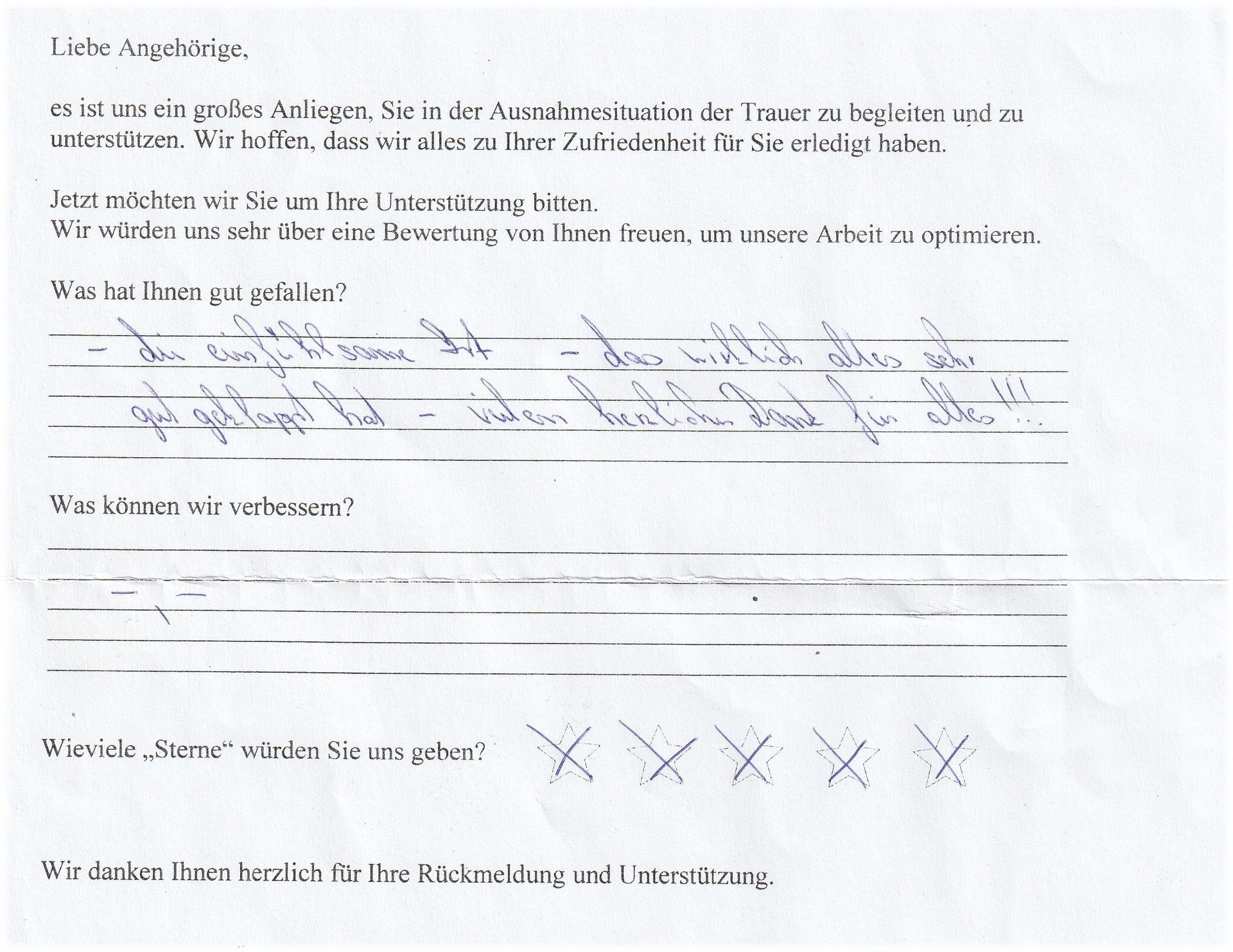 Handschriftlicher Fragebogen; Text in deutscher Sprache. Enthält mit „X“ markierte Kontrollkästchen und Leerzeilen für Antworten.