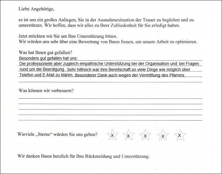Feedback-Formular mit der Bitte um Eingaben zu den erbrachten Leistungen, einschließlich Platz für Kommentare und Bewertungssterne.