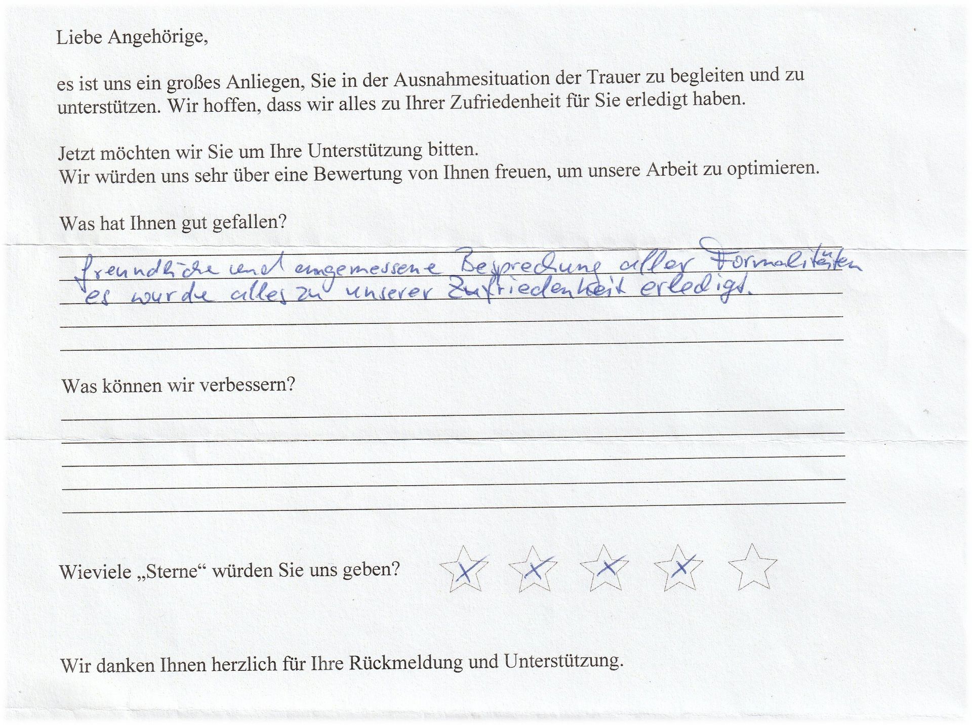 Eine handschriftliche Umfrage. Der Text enthält Formulierungen wie „Lieber Bewerber“ und einen Abschnitt für Feedback mit durchgestrichenen Kästchen.