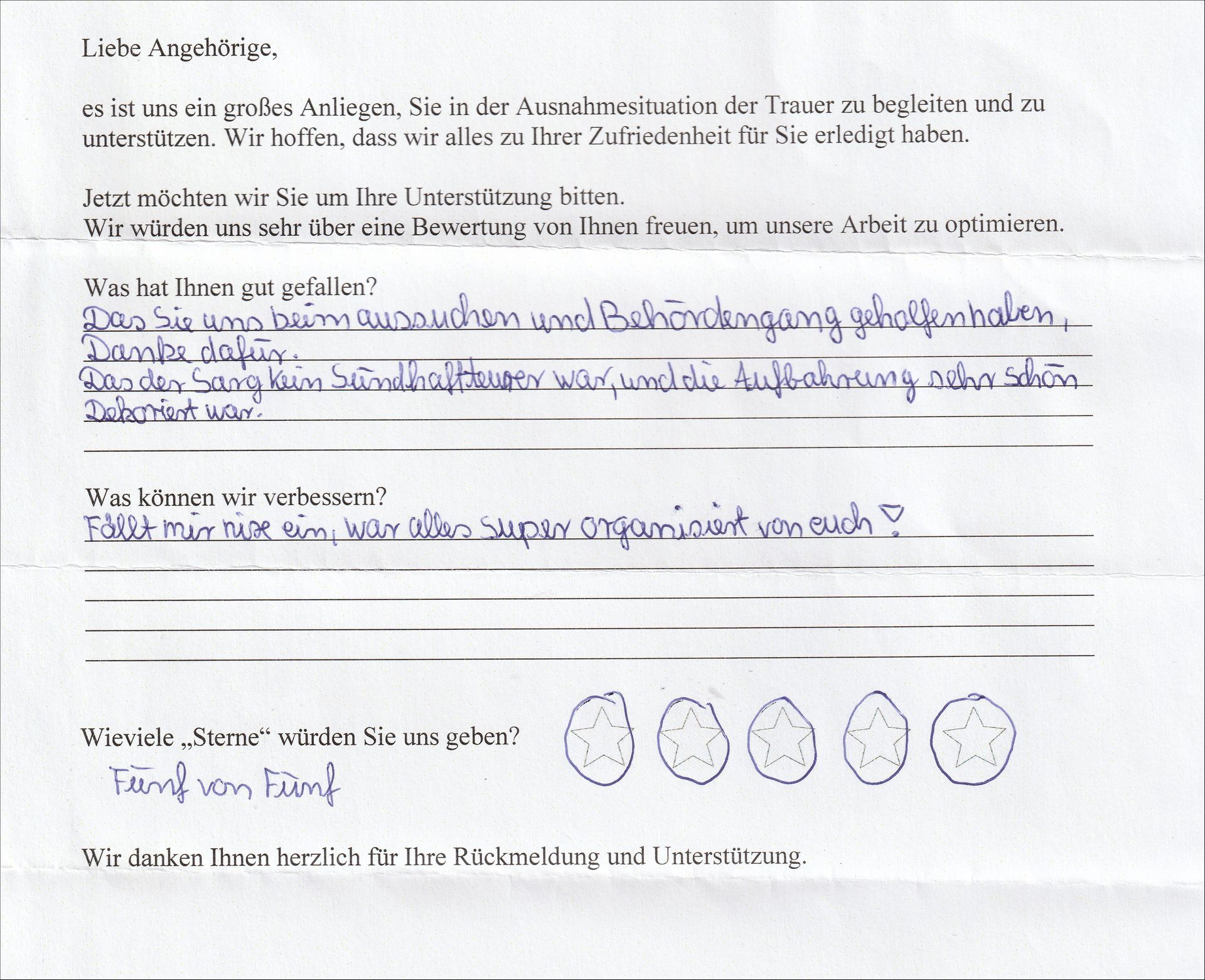 Ein handschriftlicher Kundenfeedbackbogen mit mehreren Abschnitten und Bewertungskreisen.
