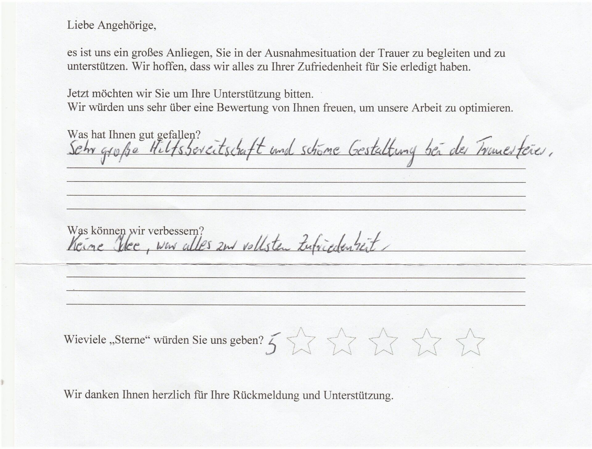 A handwritten form with feedback. Text includes